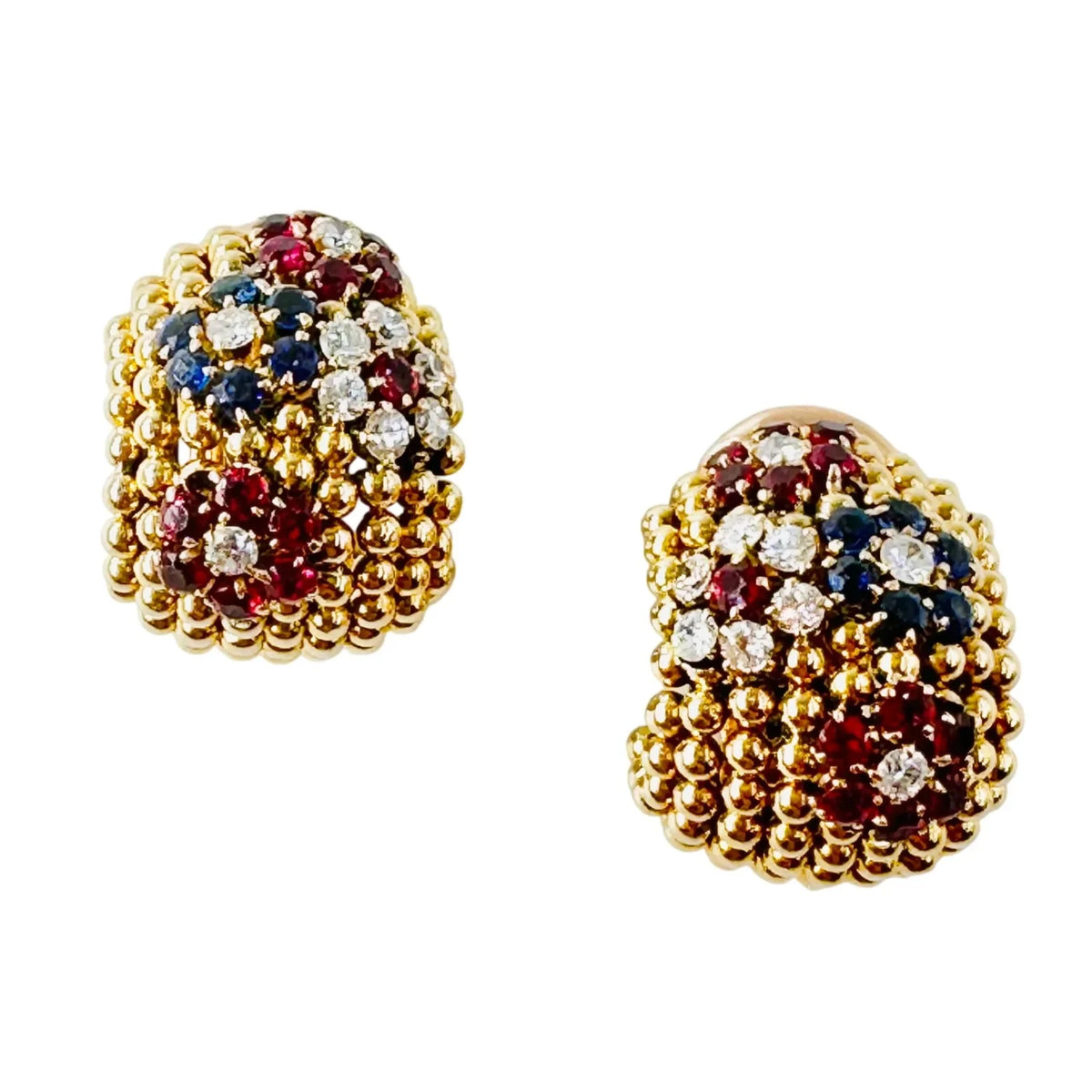 Boucles d'oreilles VAN CLEEF & ARPELS Couscous Bagatelle en or jaune, saphirs, rubis et diamants
