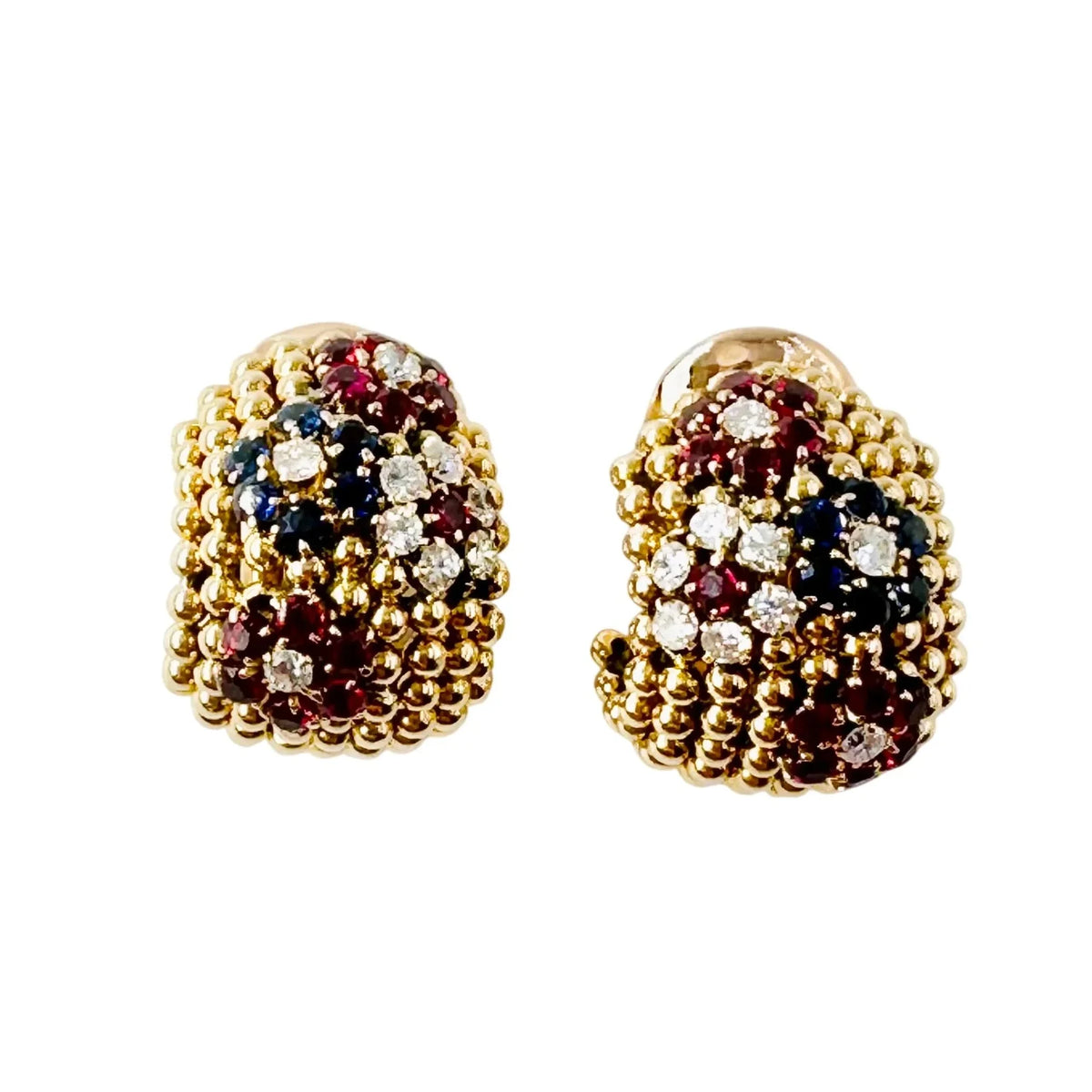 Boucles d'oreilles VAN CLEEF & ARPELS Couscous Bagatelle en or jaune, saphirs, rubis et diamants