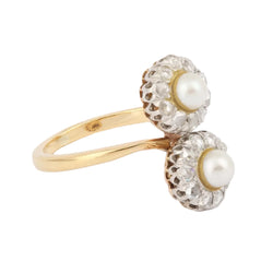 Bague Toi & Moi en or jaune, platine, perles et diamants