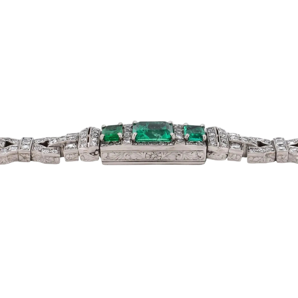 Bracelet Art Déco en platine, émeraudes et diamants