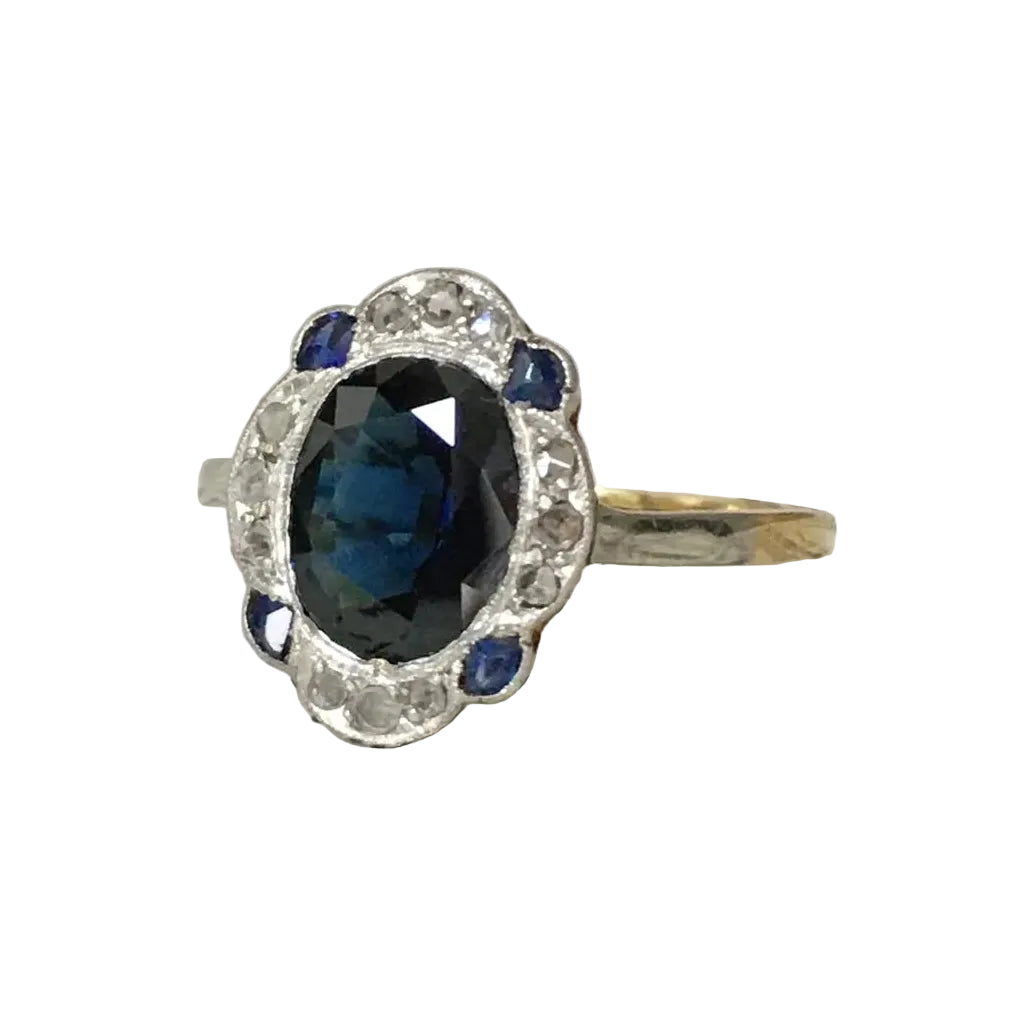 Bague Art-Déco en or jaune 18K et platine saphir et diamants