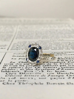 Bague Art-Déco en or jaune 18K et platine saphir et diamants