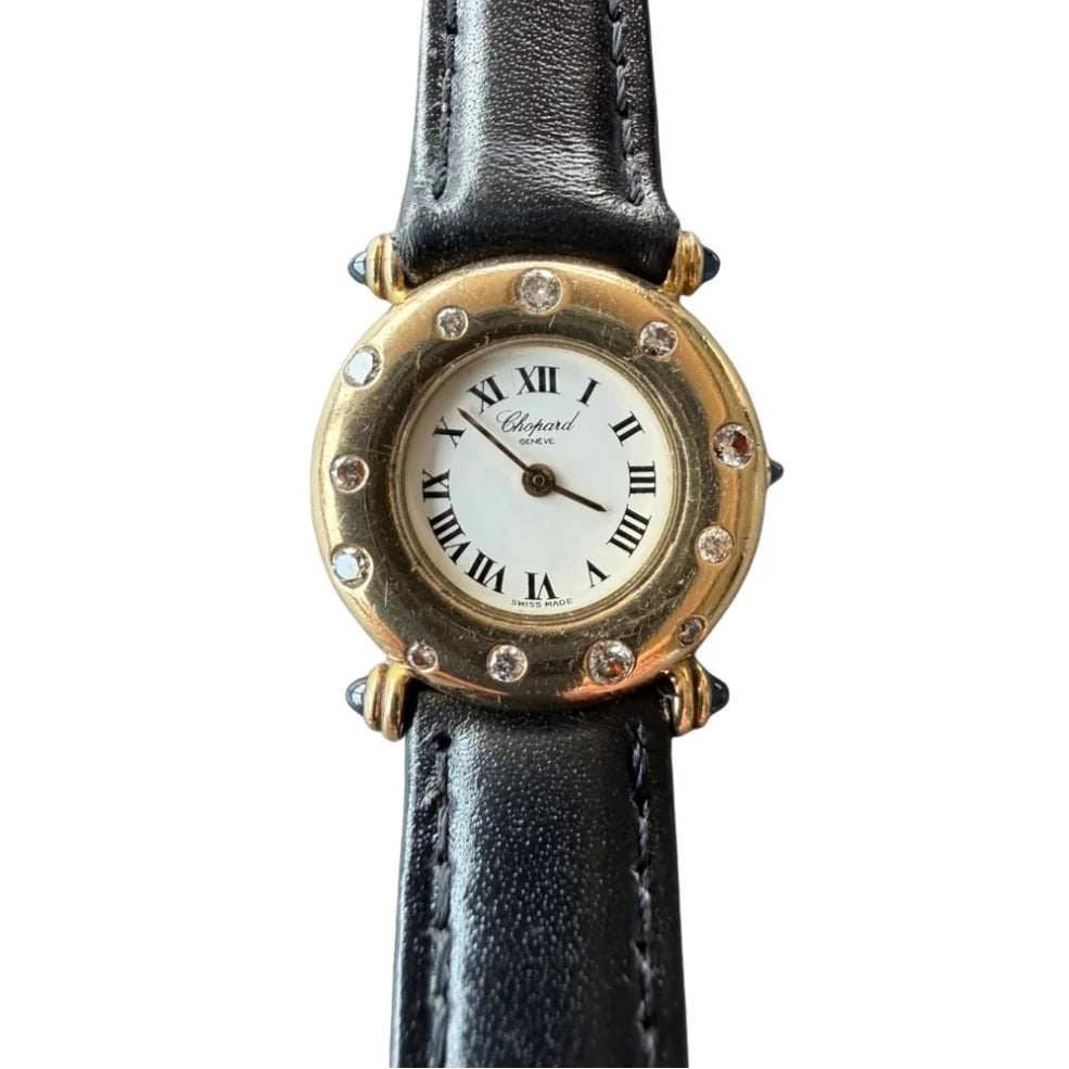 Montre CHOPARD "Classic" en or jaune, cuir, saphir et diamants