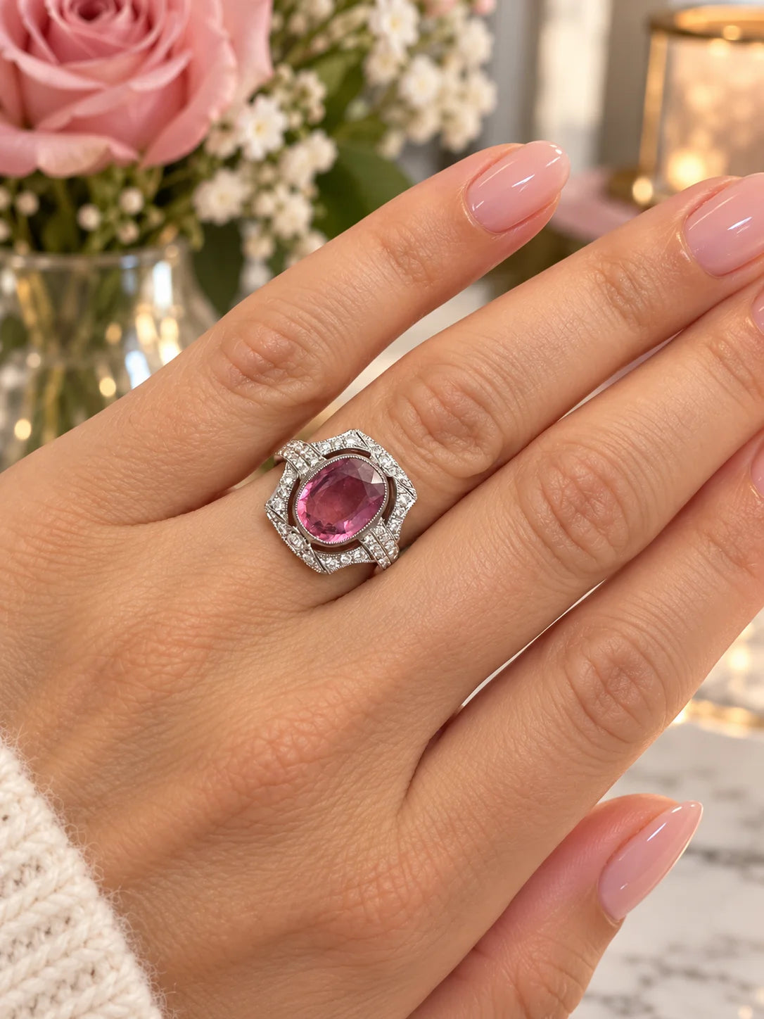 Bague Entourage en platine, tourmaline et diamants