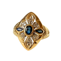 Bague Marquise en or blanc, or jaune, saphirs et diamants