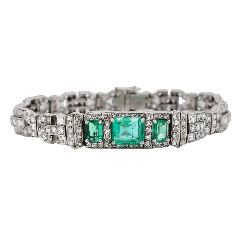 Bracelet Art Déco en platine, émeraudes et diamants