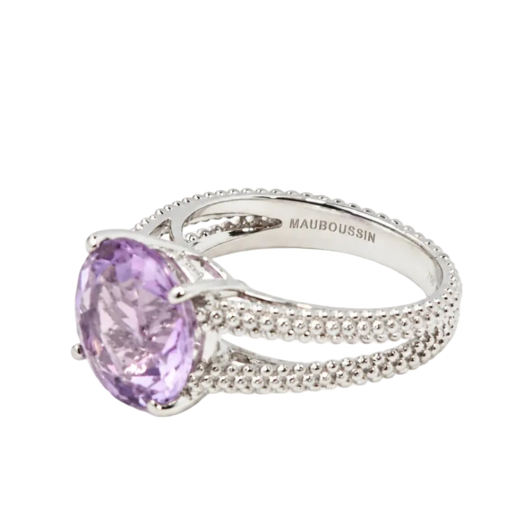 Bague Solitaire MAUBOUSSIN "Chanson d'amour" en or blanc, améthyste et diamants