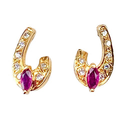 Boucles d'oreilles Puces en or jaune, pierre rouge et diamants