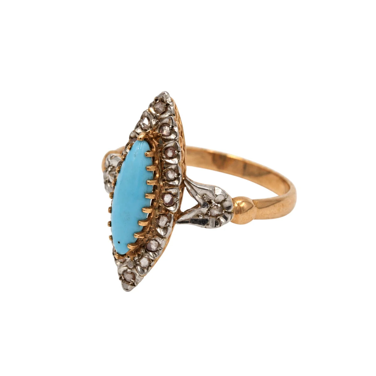 Bague Marquise en or blanc, or rose, turquoise et diamants