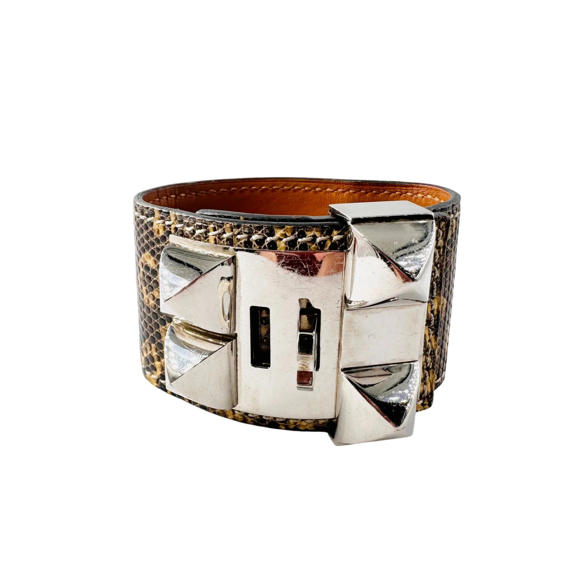 Bracelet Manchette HERMÈS "Collier de chien" en cuir et acier