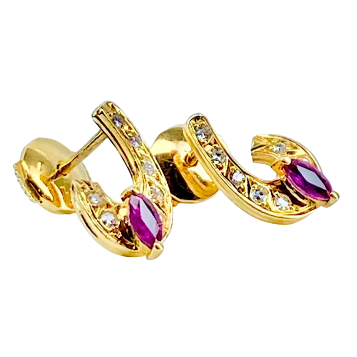 Boucles d'oreilles Puces en or jaune, pierre rouge et diamants