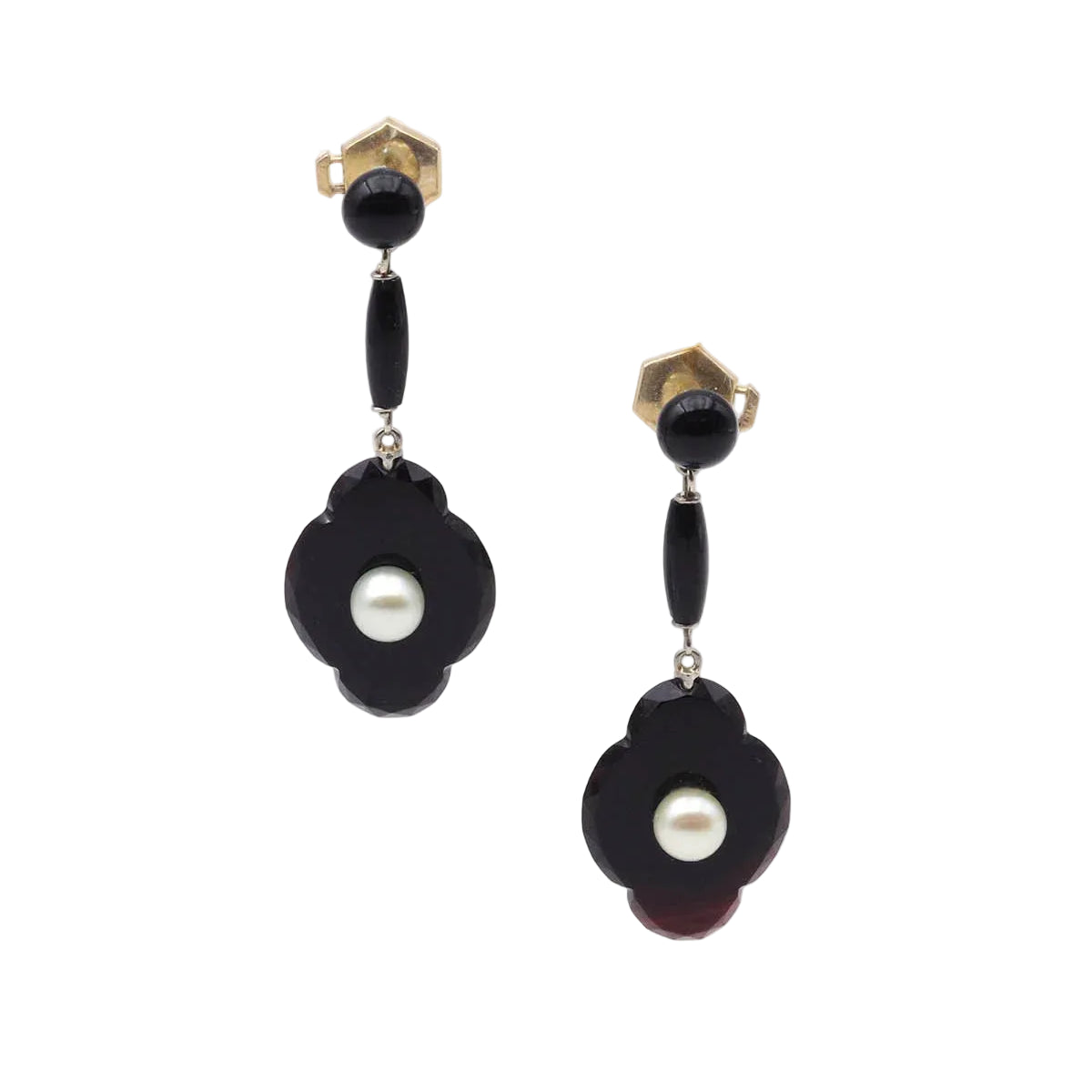 Boucles d'oreille Pendantes en or jaune, platine, onyx et perles