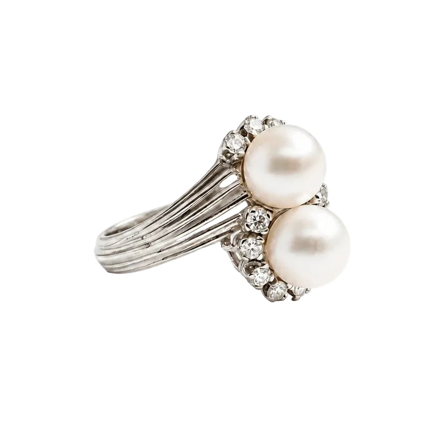 Bague Toi & Moi en or blanc, perles et diamants