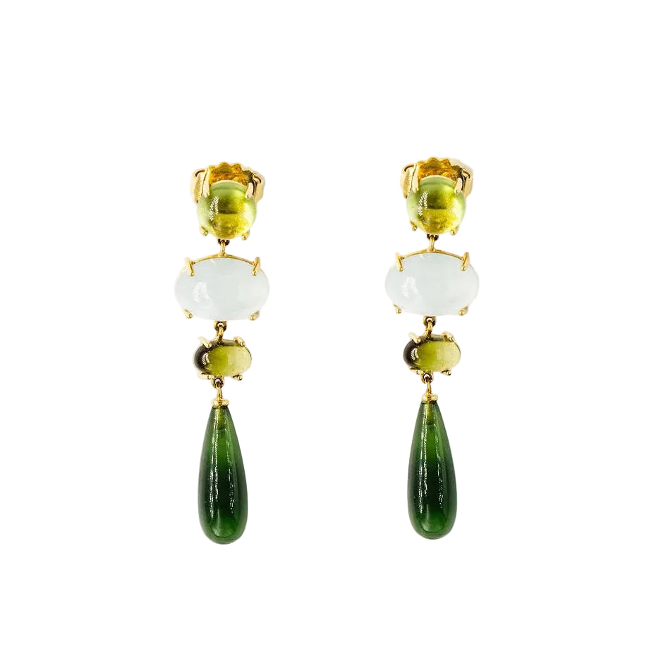 Boucles d'oreilles Pendantes OLE LYNGGAARD Aqua Lotus en or jaune aigue-marine, péridots, tourmalines et serpentines
