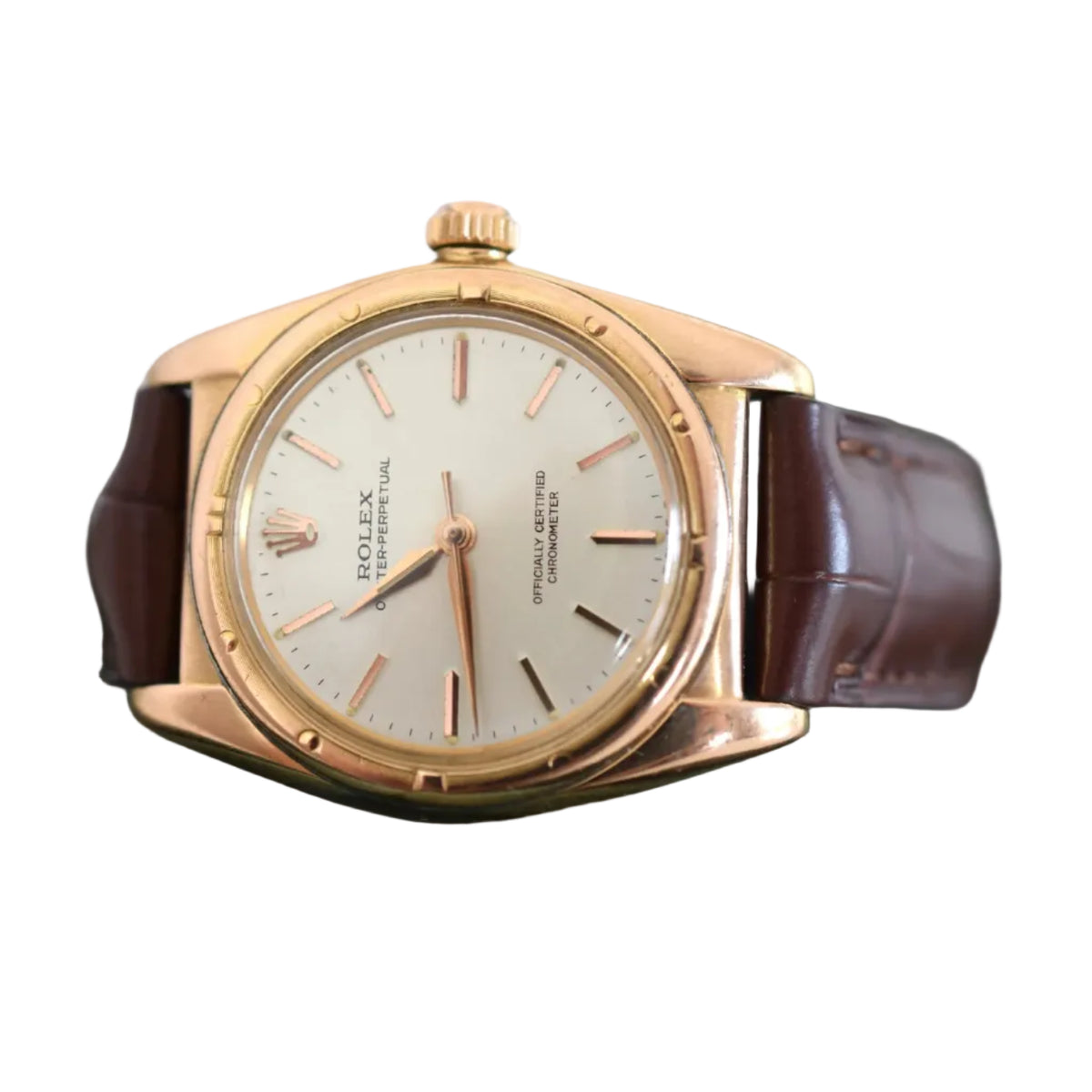 Montre ROLEX "Perpetual Ovetto Bubbleback" en or rose et cuir