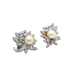 Boucles d'oreilles Clips en or blanc, perles et diamants
