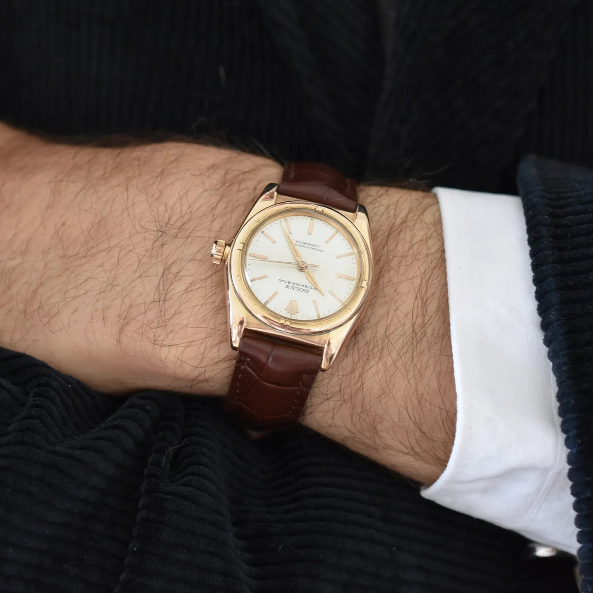 Montre ROLEX "Perpetual Ovetto Bubbleback" en or rose et cuir