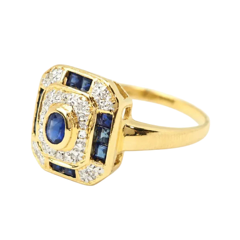 Bague Entourage en or jaune, saphirs et diamants