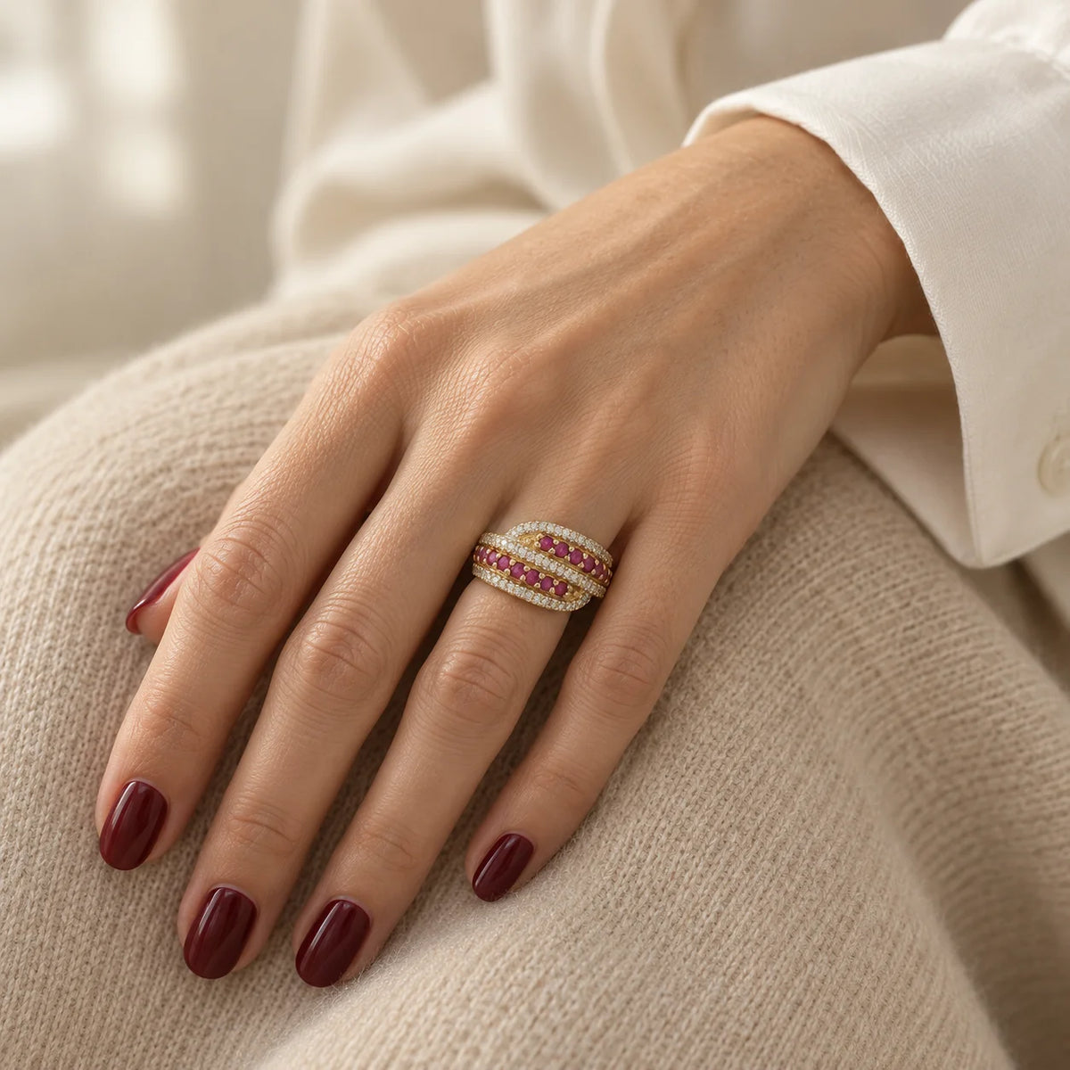 Bague Toi & Moi en or jaune, rubis et diamants