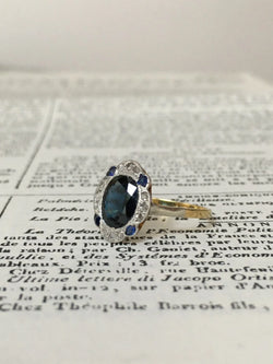 Bague Art-Déco en or jaune 18K et platine saphir et diamants