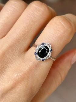 Bague Art-Déco en or jaune 18K et platine saphir et diamants