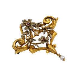 Broche Pendentif en or blanc, or jaune, grenats, perle et diamants