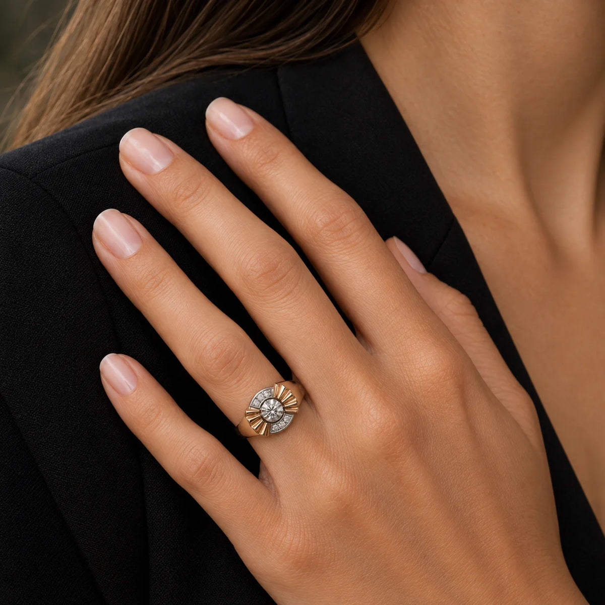 Bague Tank en or rose, platine et diamants