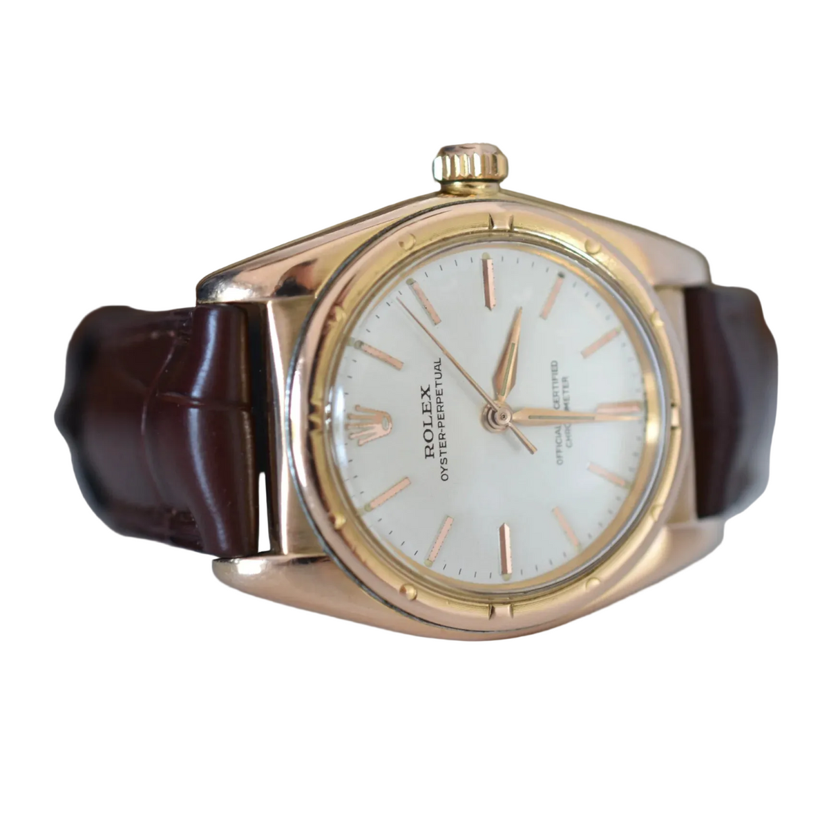 Montre ROLEX "Perpetual Ovetto Bubbleback" en or rose et cuir