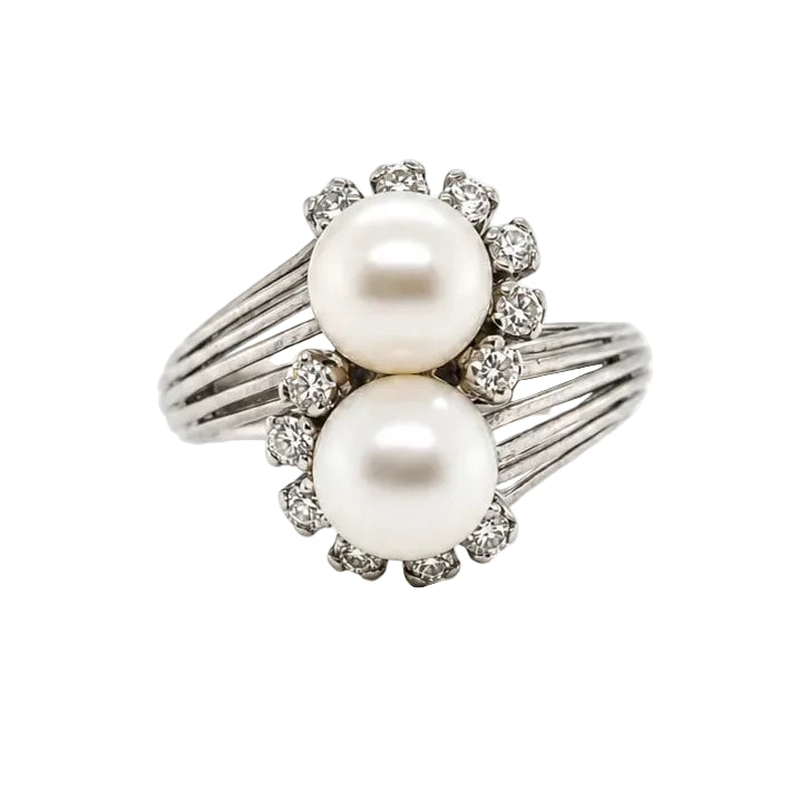 Bague Toi & Moi en or blanc, perles et diamants