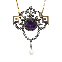 Collier Pendentif en or jaune, argent, améthyste, perle et diamants