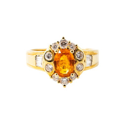 Bague Entourage en or jaune, saphir orange et diamants