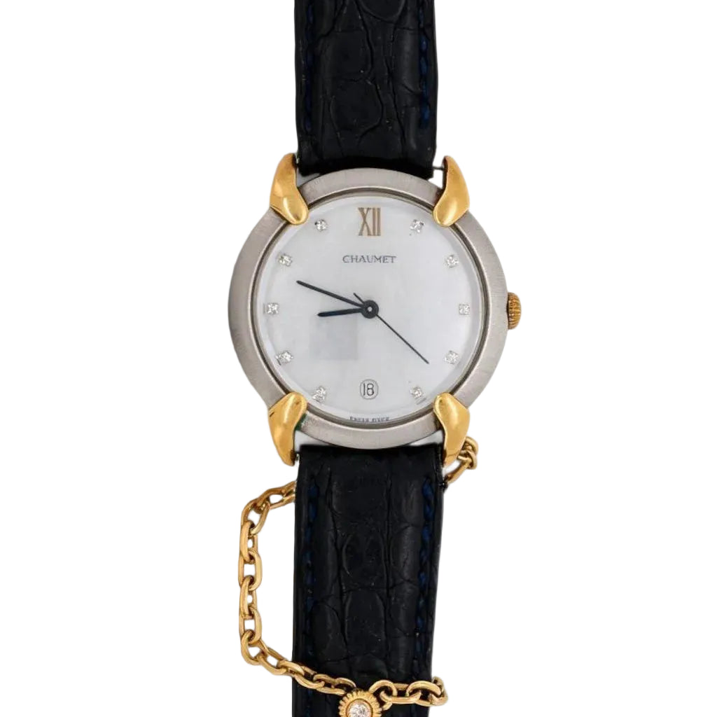 Montre CHAUMET Elysée GM en or jaune, acier, cuir et diamants