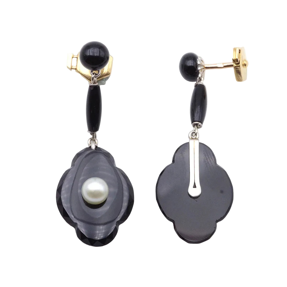 Boucles d'oreille Pendantes en or jaune, platine, onyx et perles