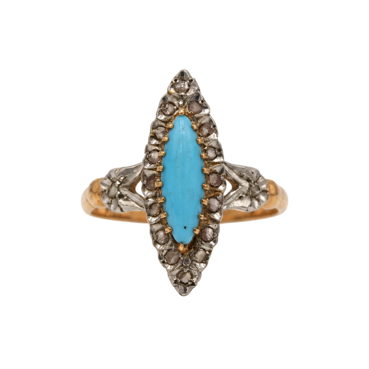 Bague Marquise en or blanc, or rose, turquoise et diamants
