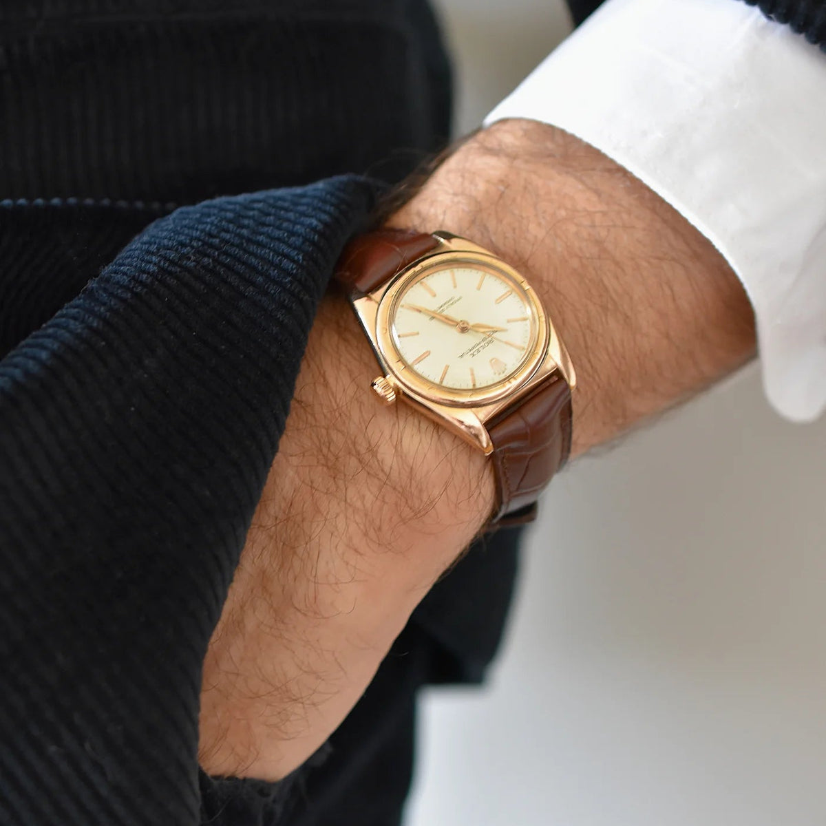 Montre ROLEX "Perpetual Ovetto Bubbleback" en or rose et cuir
