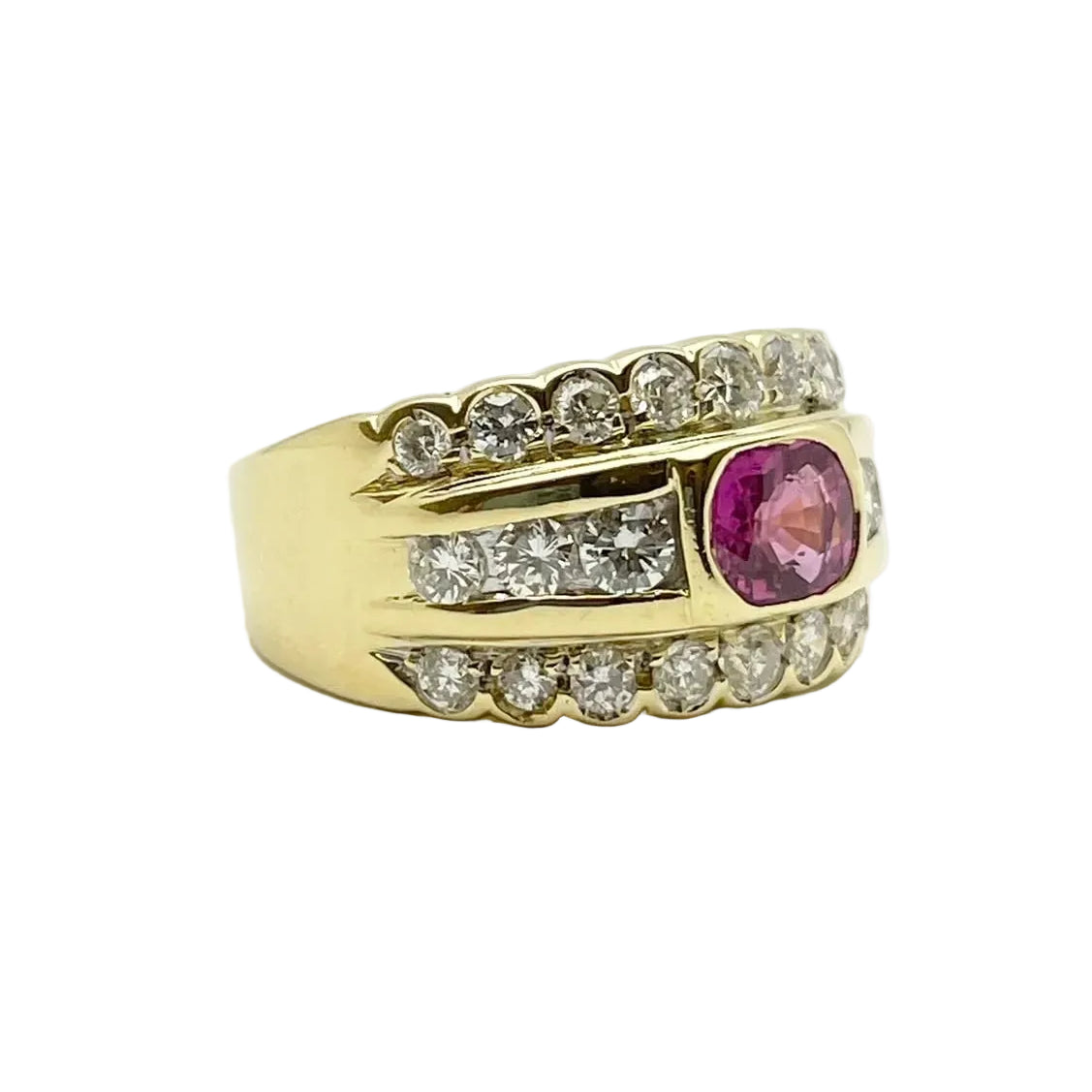 Bague Bandeau en or jaune, rubis et diamants