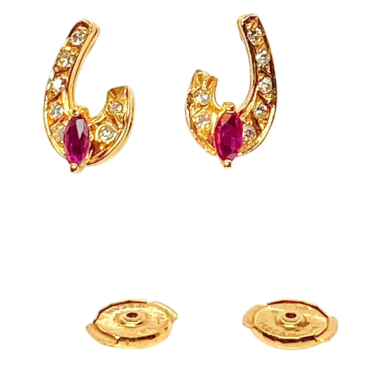 Boucles d'oreilles Puces en or jaune, pierre rouge et diamants