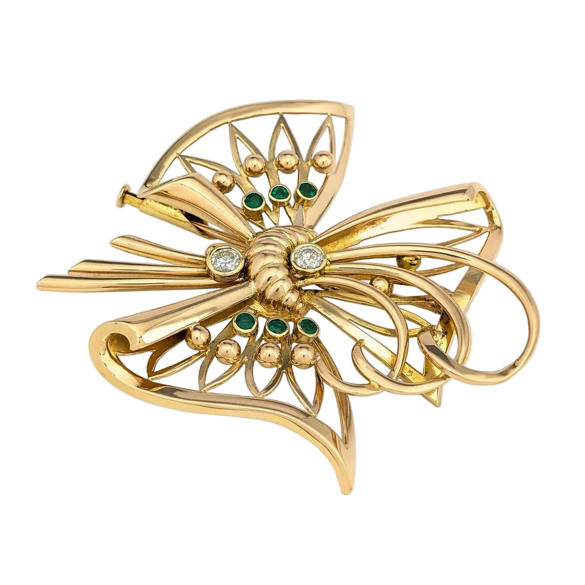 Broche en or jaune, émeraudes et diamants