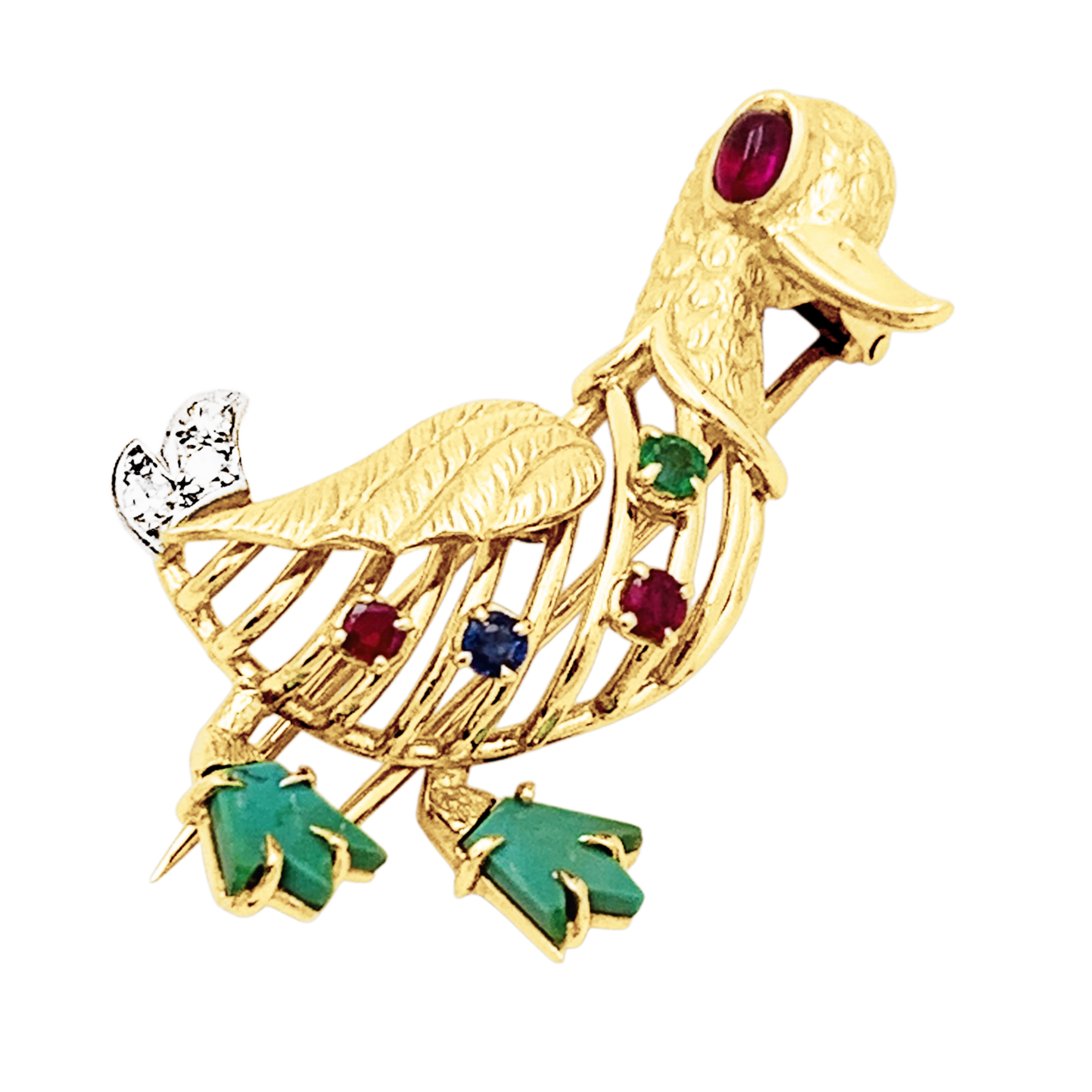 Broche « Canard » en or jaune, pierres précieuses et diamants.