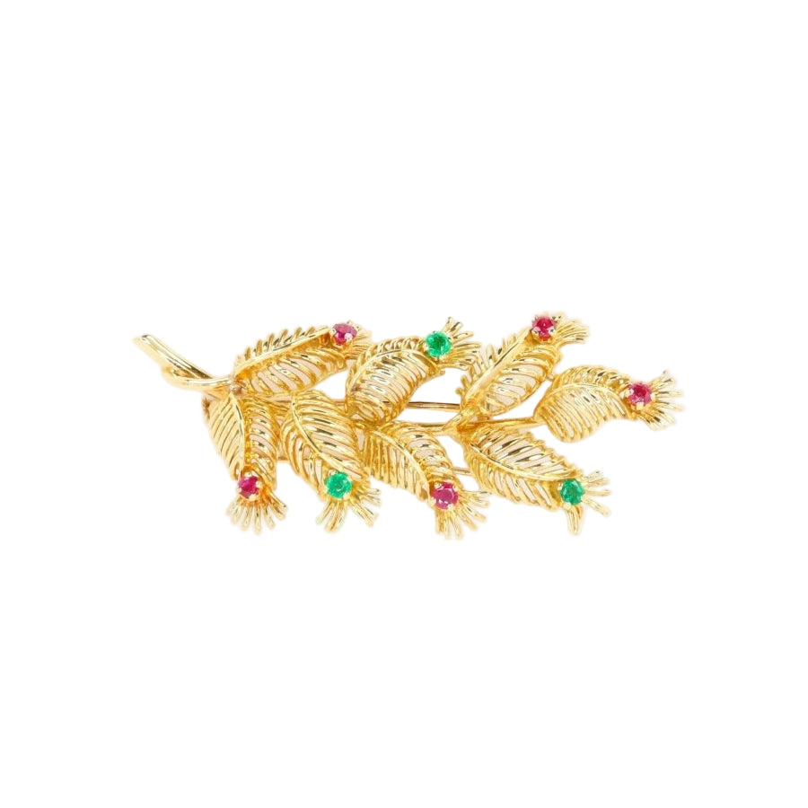 GUBELIN Broche feuille or rubis émeraudes - Castafiore