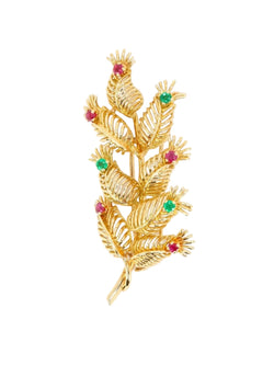 GUBELIN Broche feuille or rubis émeraudes - Castafiore