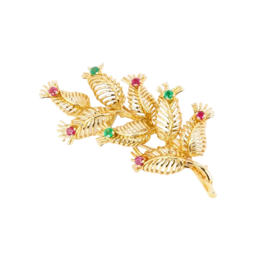 GUBELIN Broche feuille or rubis émeraudes - Castafiore