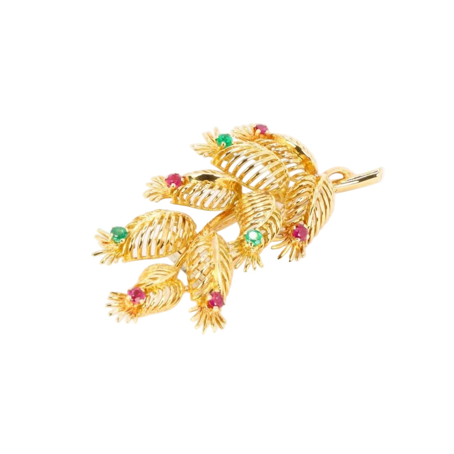 GUBELIN Broche feuille or rubis émeraudes - Castafiore