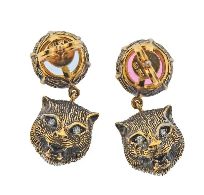 Gucci Le Marche Des Marseilles Cat Head Gold Gemstone Stud Earrings - Castafiore
