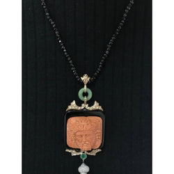 Hand - Carved Mediterranean Coral Onyx Diamond Gold Pendant - Castafiore