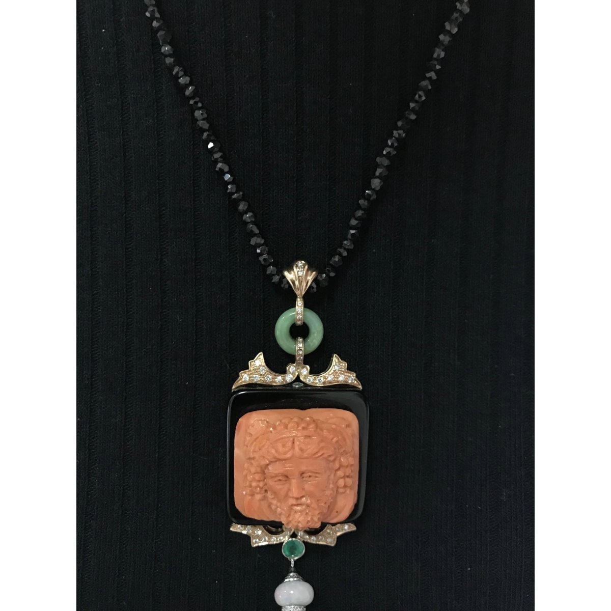 Hand - Carved Mediterranean Coral Onyx Diamond Gold Pendant - Castafiore