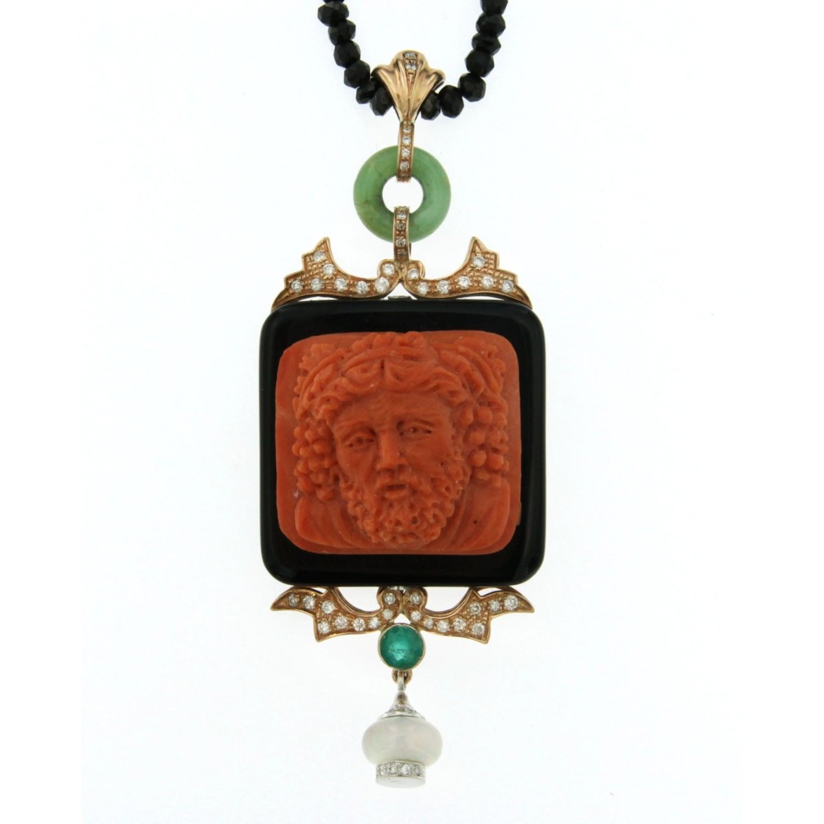 Hand - Carved Mediterranean Coral Onyx Diamond Gold Pendant - Castafiore