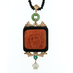 Hand - Carved Mediterranean Coral Onyx Diamond Gold Pendant - Castafiore