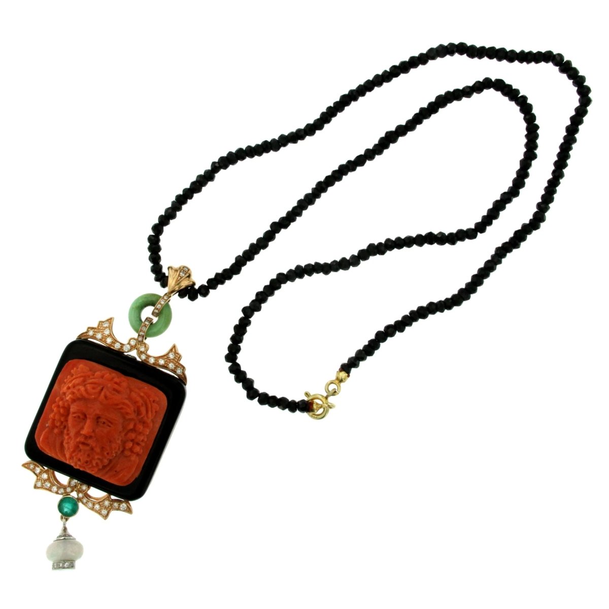 Hand - Carved Mediterranean Coral Onyx Diamond Gold Pendant - Castafiore