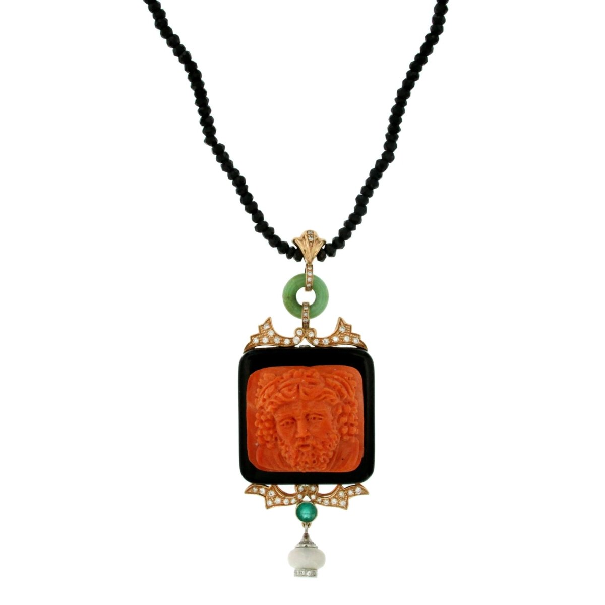 Hand - Carved Mediterranean Coral Onyx Diamond Gold Pendant - Castafiore
